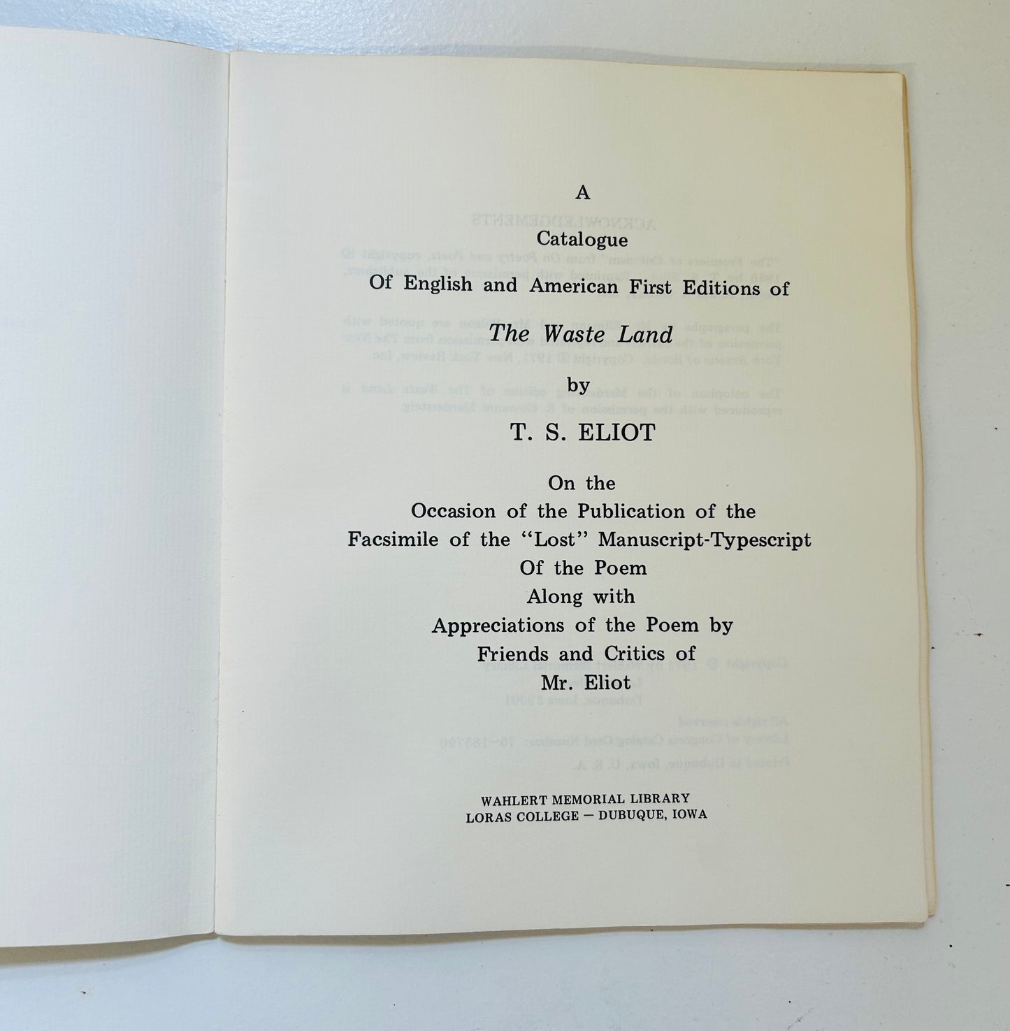 A Catalogue of English and American First Editions of the Waste Lands by T.S. Eliot