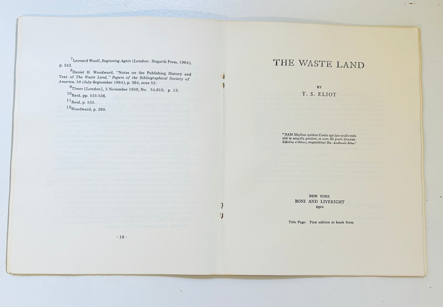 A Catalogue of English and American First Editions of the Waste Lands by T.S. Eliot